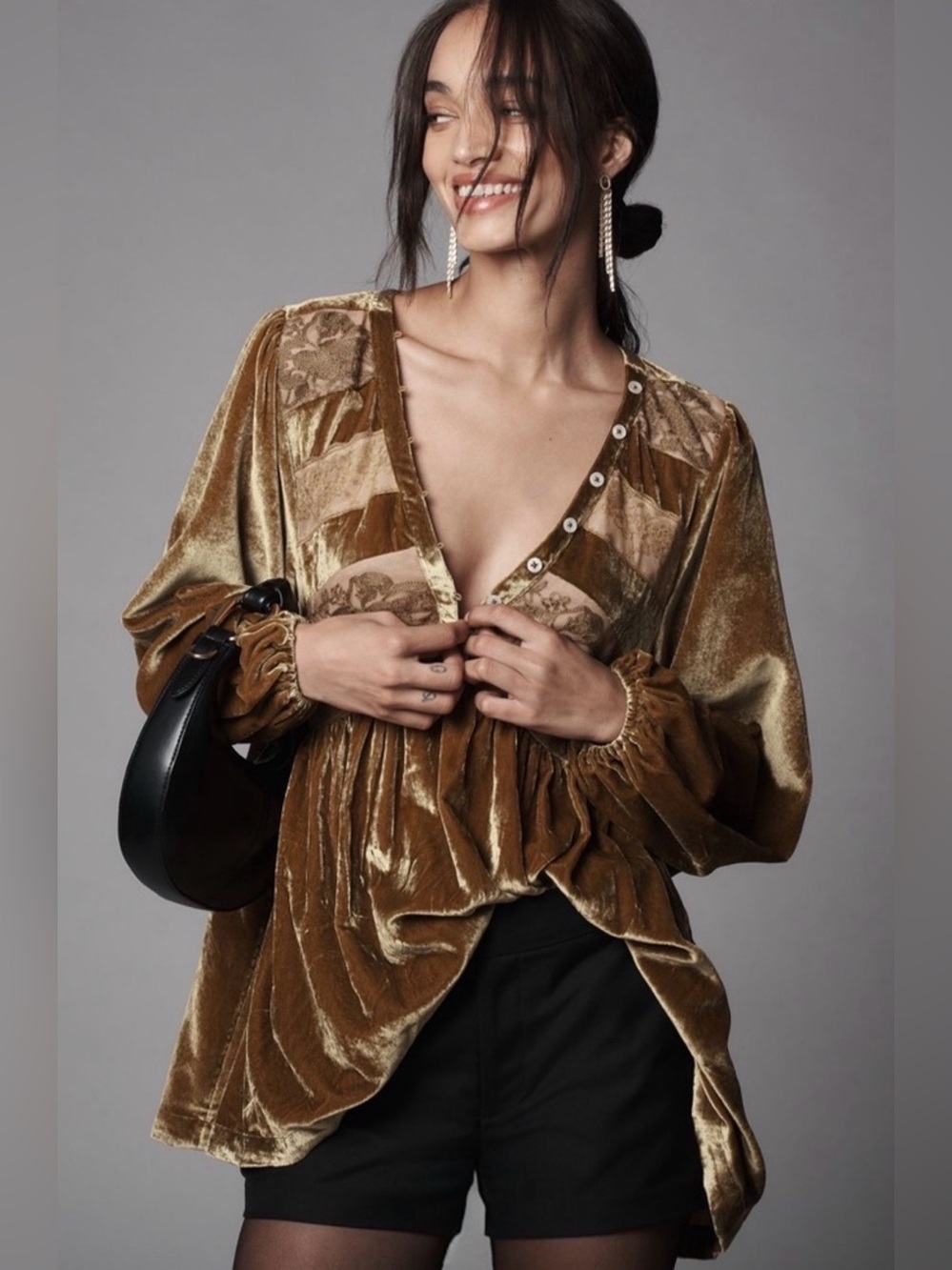 Anthropologie Gold Velvet Lace Babydoll Top or Dress Size Medium EUC